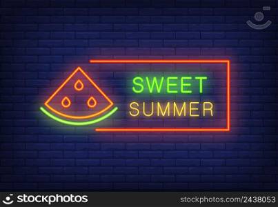 Sweet summer neon text in frame with watermelon slice. Seasonal offer or sale advertisement design. Night bright neon sign, colorful billboard, light banner. Vector illustration in neon style.