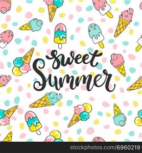 Sweet summer pattern.. Colorful seamless sweet summer pattern with hand drawn elements such as different ice creams. For fashion print design, textile, vector illustration.