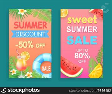 Sweet summer sale discount vector. Posters set with alcoholic cocktail beverage price reduction, watermelon and pineapple with citrus orange fruit. Sweet Summer Sale Discount Vector Illustration