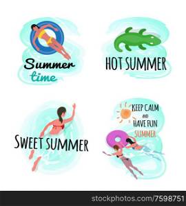 Sweet summer set, people summertime vacation flat style. Crocodile and woman swimming in water, seaside activities, lady in lifebuoy, relaxation by sea. Summer Time Keep Calm and Have Fun Isolated Set