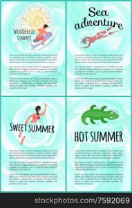 Sweet summer vector, sea adventure people on vacation set with text. Crocodile inflatable toy, woman in water swimming, person on jet ski, scuba diving. Sweet Summer Sea Adventure Poster with Text Set