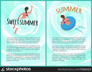 Sweet summer vector, woman swimming learning how to swim set of posters. Professional swimmer recreational sports activities, training lady in water. Sweet Summer Vacation of People, Woman Swimming