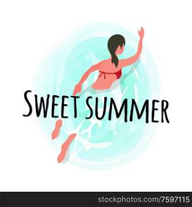 Sweet summer, woman swimming in blue water isolated label. Vector athletic lady in swimsuit, summertime sport activities, freestyle swimmer on rest. Sweet Summer, Woman Swimming in Blue Water