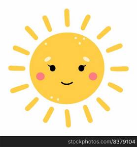 Sweet sun with smile. Sticker to nursery. Children drawing. Vector doodle illustration.