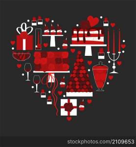 Sweet table for Valentine&rsquo;s Day.Dessert bar in frame with heart. Vector illustration.. Sweet table for Valentine&rsquo;s Day.