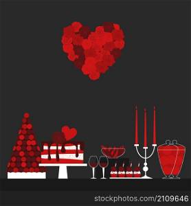 Sweet table for Valentine&rsquo;s Day. Dessert bar with cake and macaroons. Candy Buffet. Vector illustration.. Sweet table for Valentine&rsquo;s Day.