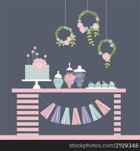 Sweet table. Wedding dessert bar. Candy Buffet. Vector illustration.. Wedding dessert bar with cake.