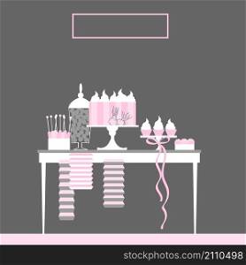Sweet table with cake. Dessert bar. Vector illustration.. Wedding dessert bar with cake. Vector illustration.