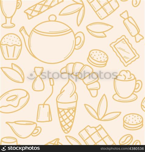 Sweet treats with tea party seamless pattern. Background with cups, pastries and goodies. Template for kitchen, wallpaper and packaging. Sweet treats with tea party seamless pattern