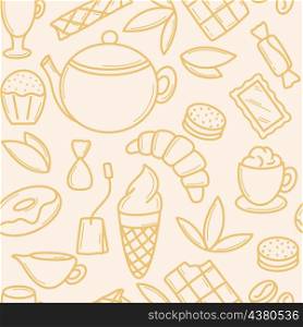 Sweet treats with tea party seamless pattern. Background with cups, pastries and goodies. Template for kitchen, wallpaper and packaging. Sweet treats with tea party seamless pattern