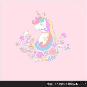 Sweet unicorn princess.. Sweet unicorn princess with flowers. Vector illustration for you design.