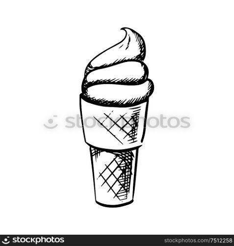 Sweet vanilla soft ice cream in waffle cone isolated on white background, sketch style. Soft ice cream in waffle cone sketch