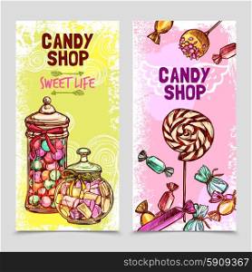Sweet vertical banner set with hand drawn candies and marshmallow isolated vector illustration. Sweet Banner Set