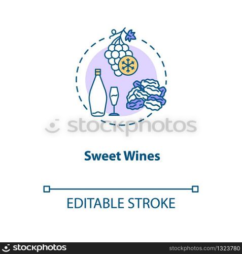 Sweet wines concept icon. Vintage alcohol drink degustation idea thin line illustration. Delicious beverage from late harvest grapes. Vector isolated outline RGB color drawing. Editable stroke