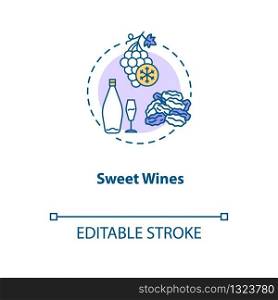 Sweet wines concept icon. Vintage alcohol drink degustation idea thin line illustration. Delicious beverage from late harvest grapes. Vector isolated outline RGB color drawing. Editable stroke