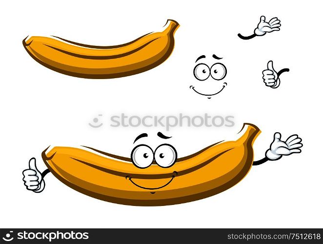 Sweet yellow cartoon banana fruit character with happy face, isolated on white, for healthy food theme. Cartoon isolated yellow banana fruit