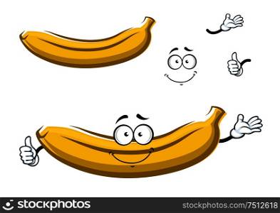 Sweet yellow cartoon banana fruit character with happy face, isolated on white, for healthy food theme. Cartoon isolated yellow banana fruit