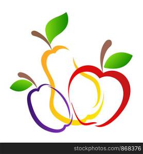Sweet yellow pear, purple plum and red apple fruits hand draw design on white, vitamin concept, stock vector illustration