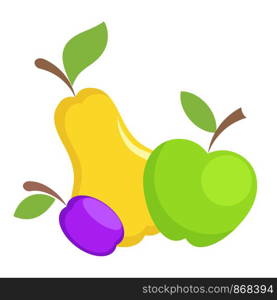 Sweet yellow pear, purple plum and red apple fruits hand draw design on white, vitamin concept, stock vector illustration