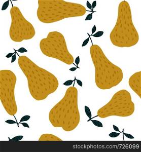Sweet yellow pear seamless pattern on white background. Funny design for fabric, textile print, wrapping paper, children textile. Vector illustration. Sweet yellow pear seamless pattern. Funny design