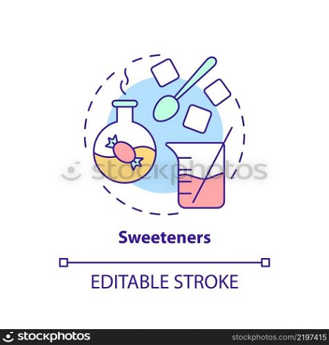 Sweeteners concept icon. Sugar substitute. Glucose and fructose. Food additives abstract idea thin line illustration. Isolated outline drawing. Editable stroke. Arial, Myriad Pro-Bold fonts used. Sweeteners concept icon