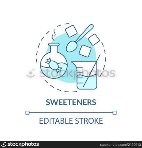 Sweeteners turquoise concept icon. Sugar substitute. Glucose. Food additives abstract idea thin line illustration. Isolated outline drawing. Editable stroke. Arial, Myriad Pro-Bold fonts used. Sweeteners turquoise concept icon