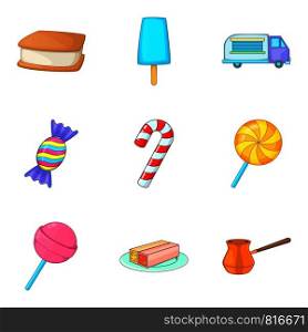 Sweetmeat icons set. Cartoon set of 9 sweetmeat vector icons for web isolated on white background. Sweetmeat icons set, cartoon style