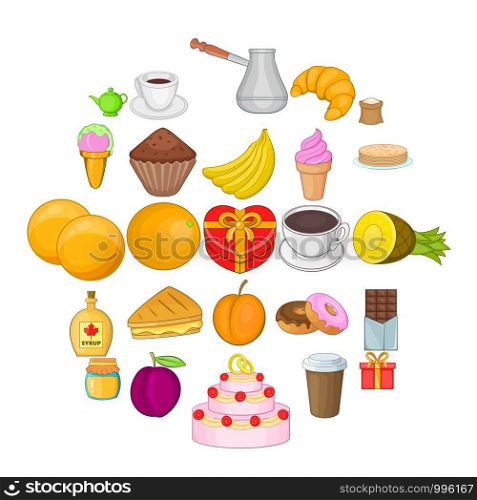 Sweetness icons set. Cartoon set of 25 sweetness vector icons for web isolated on white background. Sweetness icons set, cartoon style