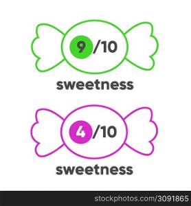 Sweetness level vector food package label. Product sugar sweet level candy icons set. Sweetness level vector food package label. Product sugar sweet level candy