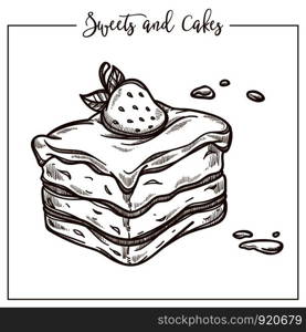 Sweets and cakes, baked dessert with strawberry and leaf on top vector. Monochrome sketch outline of sugary cream, topping made of fruits and sugar. Layers of prepared dough, pastry food dish. Sweets and cakes, baked dessert with strawberry on top