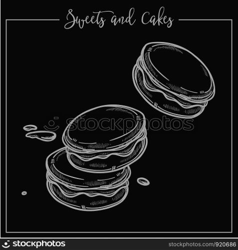 Sweets and cakes cookies and biscuits snacks pastry vector monochrome sketch outline of baked products crunchy food cooked according to traditional recipes delicious meal muffin French cuisine. Sweets and cakes cookies and biscuits snacks pastry