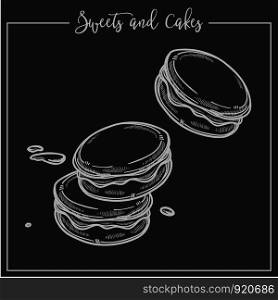 Sweets and cakes cookies and biscuits snacks pastry vector monochrome sketch outline of baked products crunchy food cooked according to traditional recipes delicious meal muffin French cuisine. Sweets and cakes cookies and biscuits snacks pastry