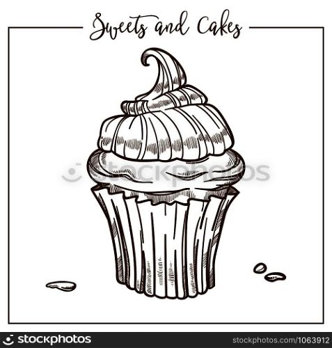 Sweets and cakes, cupcake with creamy top and drop everywhere vector. Bakery icon, monochrome sketch outline, sugary ingredients of tasty frosting on baked product. Culinary art in frame drawing. Sweets and cakes, cupcake with creamy top and drop
