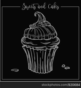 Sweets and cakes cupcake with creamy top and drop everywhere vector bakery icon monochrome sketch outline sugary ingredients of tasty frosting on baked product culinary art in frame drawing silhouette. Sweets and cakes cupcake with creamy top and drop
