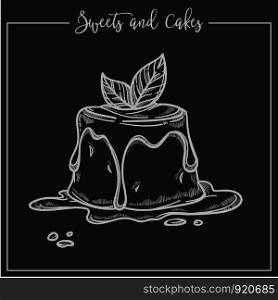 Sweets and cakes dessert made of jelly and topping vector creamy base and frosting decorated with plant leaf monochrome sketch outline pudding traditional recipe and glazed top confectionery. Sweets and cakes dessert made of jelly and topping