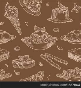 Sweets and cakes, desserts and bakery food seamless pattern isolated on light brown background vector. Italian pizza slice, bread sticks and pudding with orange slice. Ice cream in crispy cone. Sweets and cakes, desserts and bakery food seamless pattern