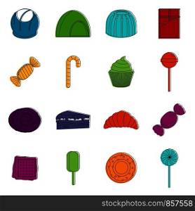 Sweets and candies icons set. Doodle illustration of vector icons isolated on white background for any web design. Sweets and candies icons doodle set