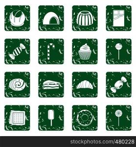 Sweets and candies icons set in grunge style green isolated vector illustration. Sweets and candies icons set grunge