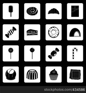 Sweets and candies icons set in white squares on black background simple style vector illustration. Sweets and candies icons set squares vector