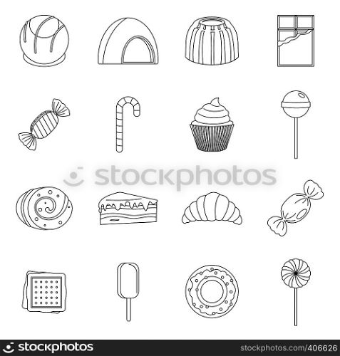 Sweets and candies icons set. Outline illustration of 16 sweets and candies vector icons for web. Sweets and candies icons set, outline style