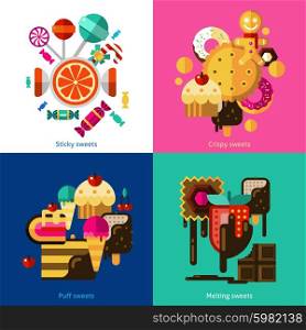 Sweets And Candies Icons Set. Sweets and candies icons set with sticky crispy puff and melting sweets flat isolated vector illustration