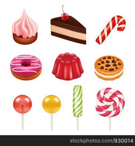 Sweets and candy pictures. Objects from sugar, dulce caramel candy and chocolate sweets vector illustrations isolate. Confectionery chocolate and candy, sugar caramel. Sweets and candy pictures. Objects from sugar, dulce caramel candy and chocolate sweets vector illustrations isolate
