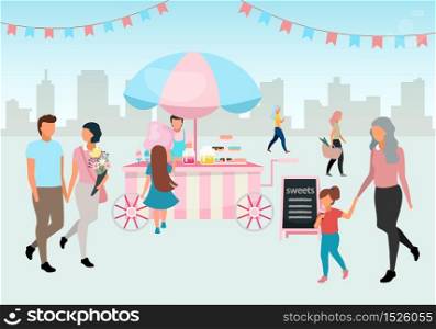 Sweets and cotton candy food cart flat illustration. Street market trolley. Outdoor confectionery, bakery. People walk summer fair. Festival, carnival pink market stall with confections and pastry