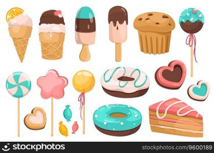 Sweets and dessert set graphic elements in flat design. Bundle of ice creams, cupcake, lollipops, cookie, donuts, piece of cake, candis and other confectionery. Vector illustration isolated objects