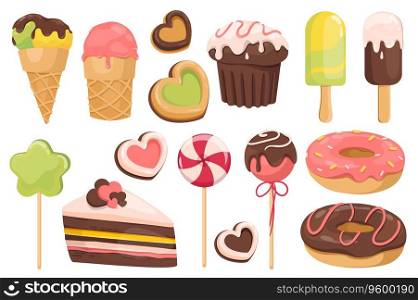 Sweets and dessert set graphic elements in flat design. Bundle of different types of ice creams, cupcake, lollipops, cookie, donuts, cake and other confectionery. Vector illustration isolated objects