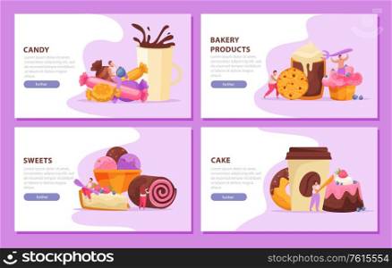 Sweets and people concept icons set with candy and cake symbols flat isolated vector illustration
