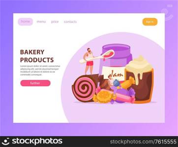 Sweets and people page design with bakery products symbols flat vector illustration