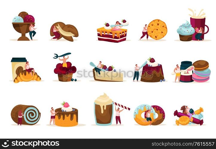 Sweets and people recolor icons set with confectionery symbols flat vector illustration