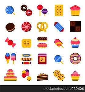 Sweets and pie icons. Pancakes candies chocolate biscuits and ice cream food vector colored flat pictures. Sweet biscuit and dessert, candy and cake illustration. Sweets and pie icons. Pancakes candies chocolate biscuits and ice cream food vector colored flat pictures