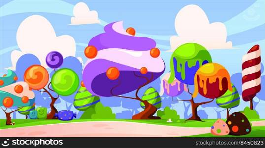 Sweets background. Delicious landscape with fantasy sugar trees from caramel and cream cake buildings garish vector colored cartoon illustration. Fantasy delicious sweet landscape. Sweets background. Delicious landscape with fantasy sugar trees from caramel and cream cake buildings garish vector colored cartoon illustration